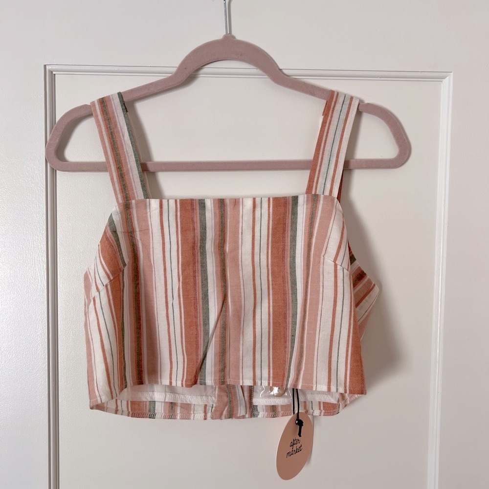 Button Back Striped Linen Crop Top Medium